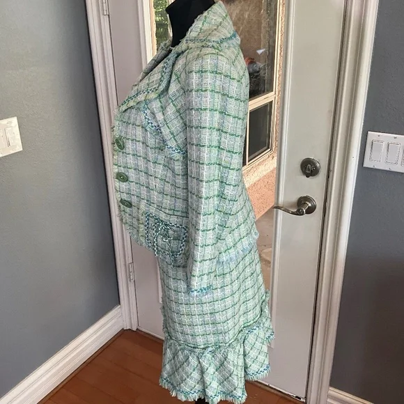 Kay Unger Y2K Preppy Tweed Plaid Skirt Suit Country Club Romantic Green White 10 - Picture 8 of 16
